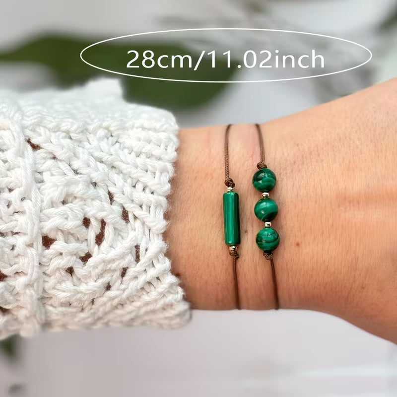 Set of 2 Natural Stone Bracelets with Malachite and 14K Gold Plated Beads, Handmade and Adjustable. Perfect as a Gift for Loved Ones, Suitable for Daily Wear or Special Events, and Ideal for Women in Any Season.