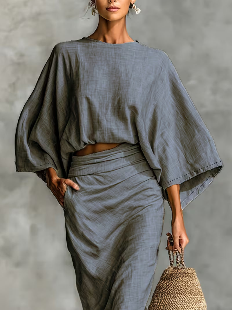 Conjunto top e saia com bolsos