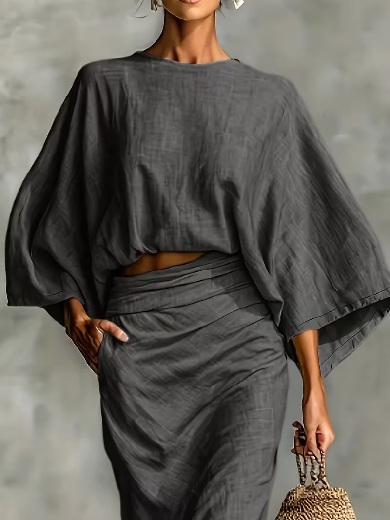 Conjunto top e saia com bolsos