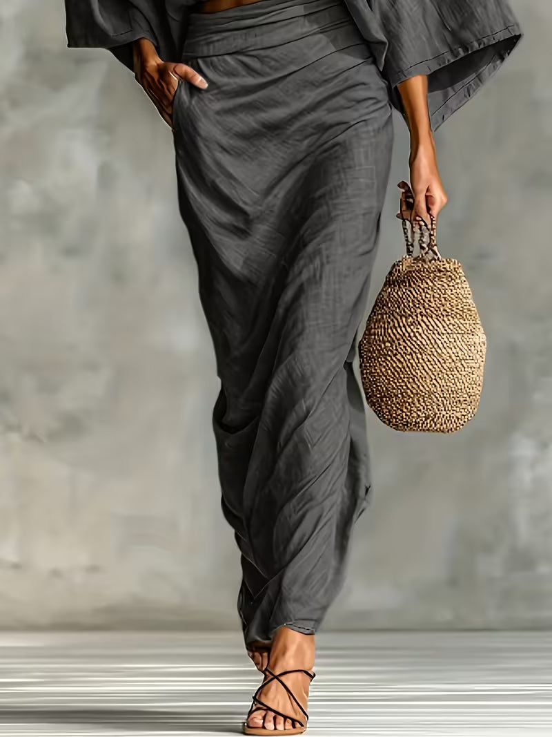 Conjunto top e saia com bolsos