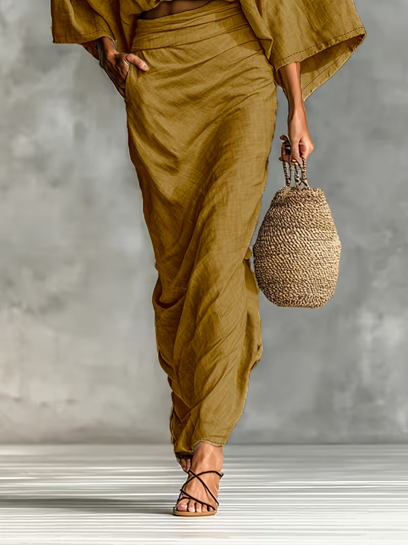 Conjunto top e saia com bolsos