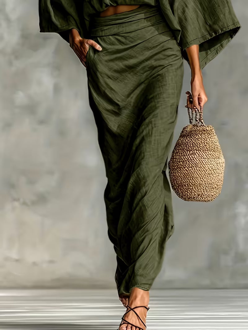 Conjunto top e saia com bolsos