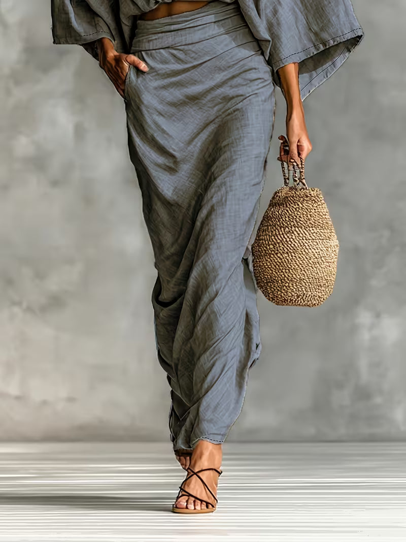 Conjunto top e saia com bolsos