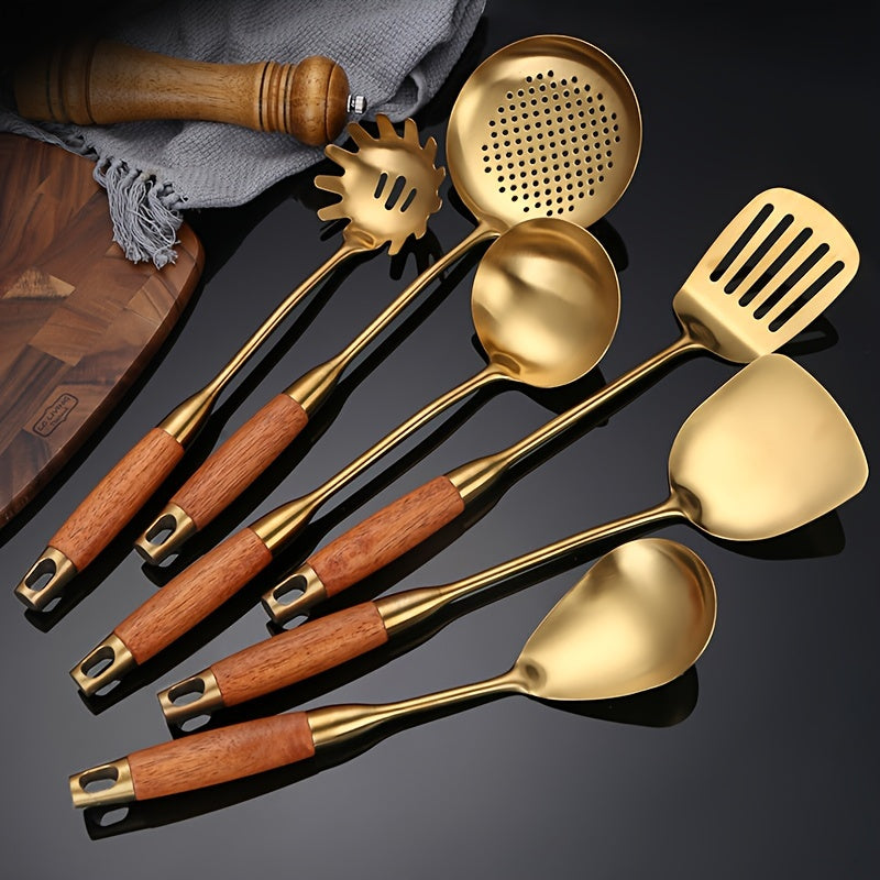 Conjunto de seis utenslios de cozinha em ao inoxidvel dourado
