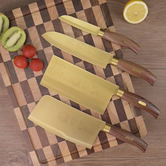 Conjunto de quatro facas profissionais para cozinha com lmina revestida em titnio dourado