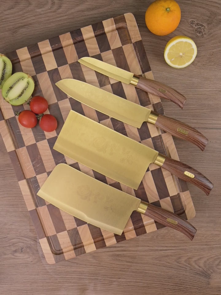 Conjunto de quatro facas profissionais para cozinha com lmina revestida em titnio dourado