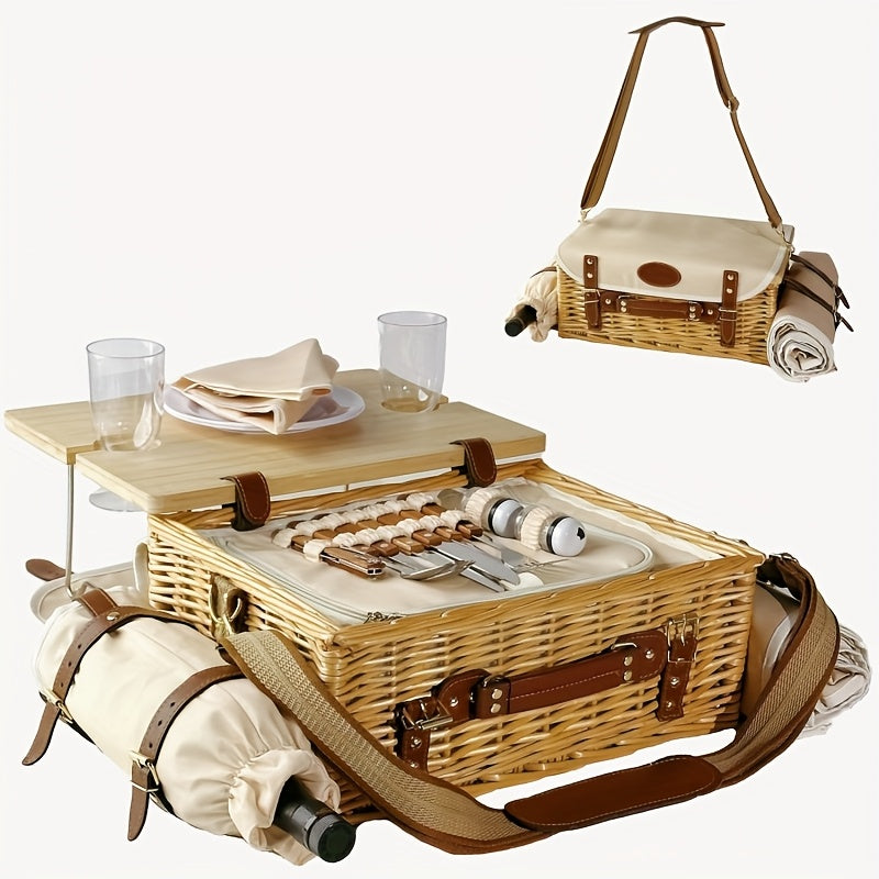 Cesta grande para piquenique em vime com mesa dobrvel e cobertor 