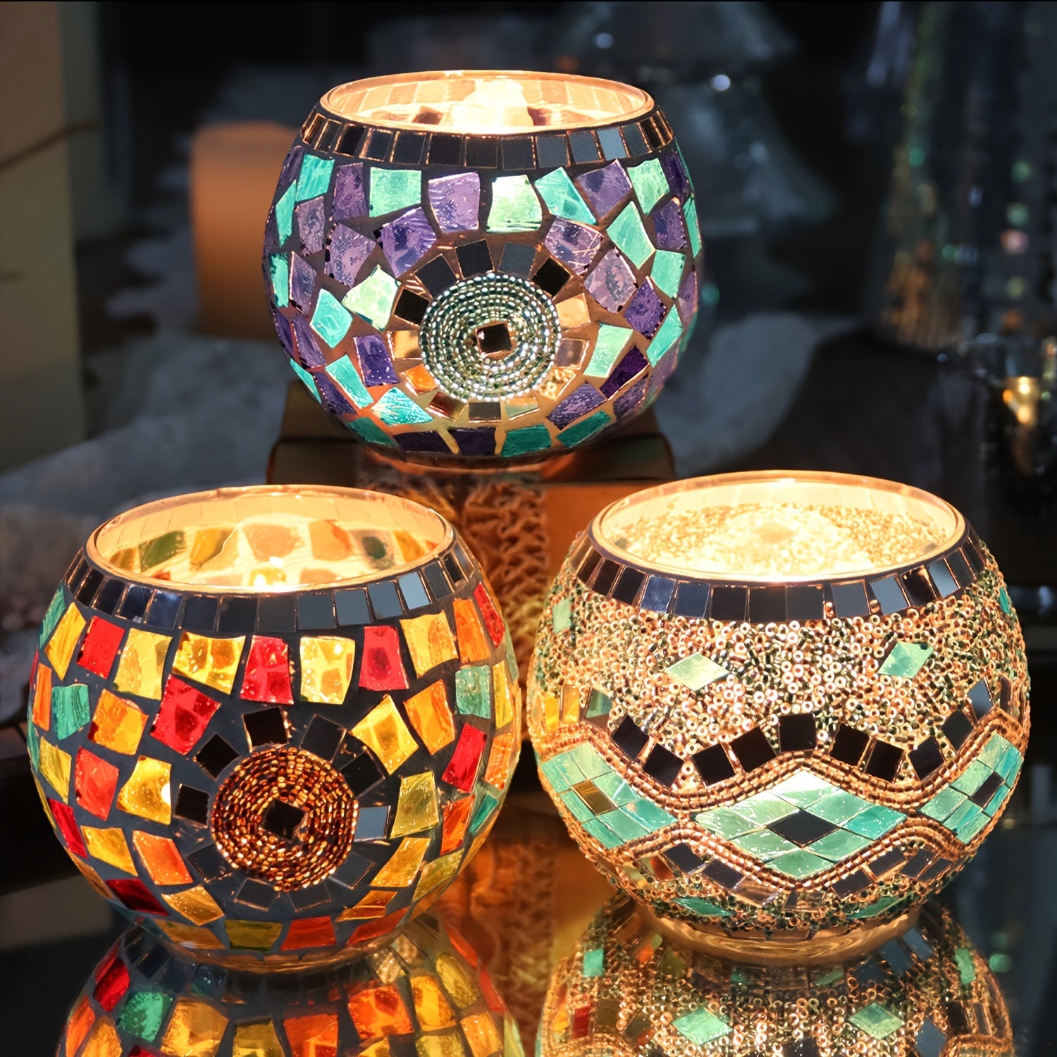 Conjunto de 3 suportes de velas em mosaico 